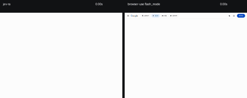 jev-ra finishes the Google Flights search while browser-use is still opening the trip-type menu