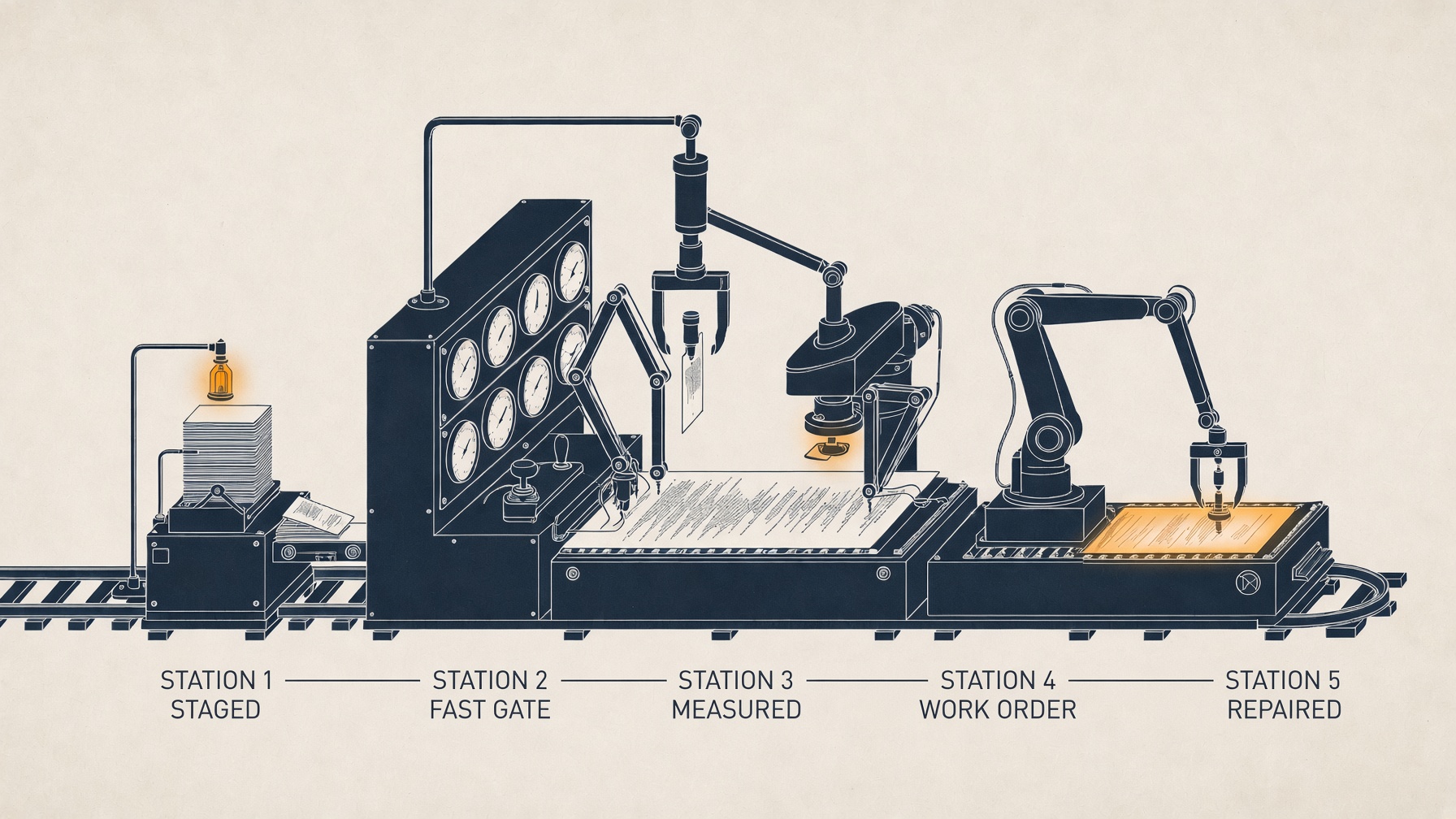 The loop, end to end: staged content meets a fast gate that blocks or passes it, the full audit measures what landed, the work order names exactly what to fix, and the repair is checked back against it