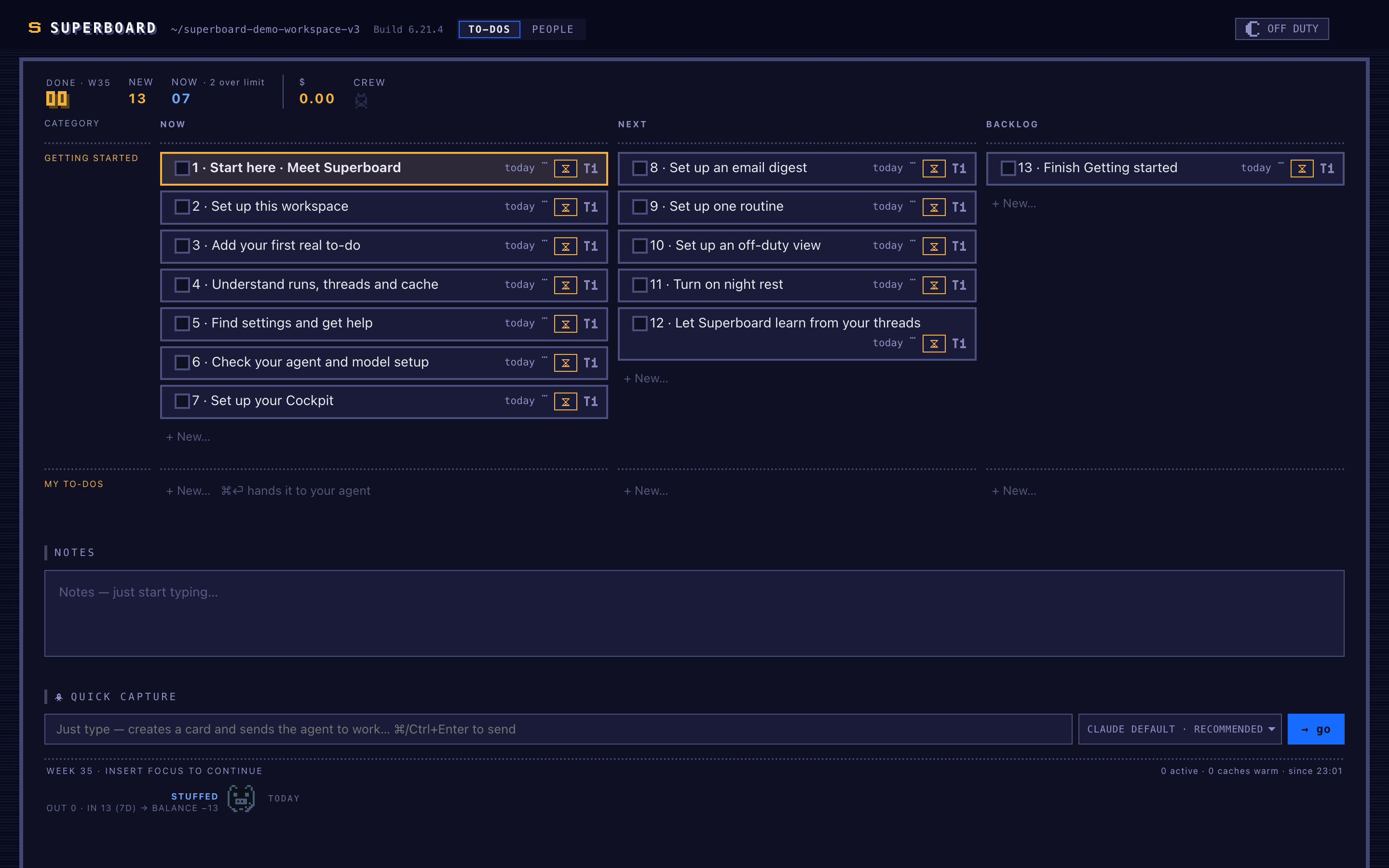A fresh Superboard workspace with onboarding separate from ordinary to-dos