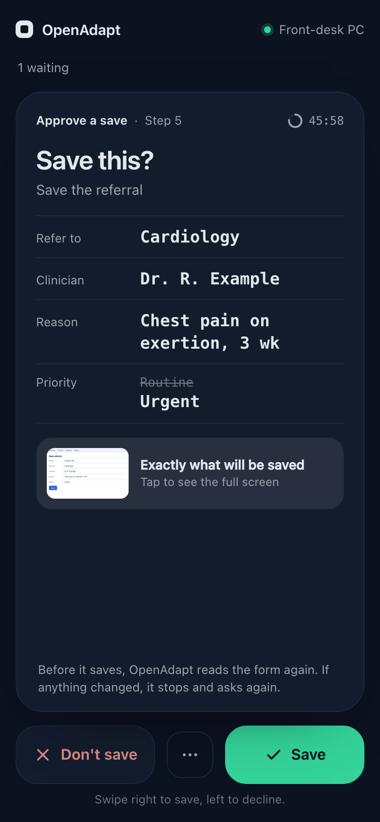 OpenAdapt Desktop phone card with synthetic data: Save this?, the field values it will write, and Don't save and Save buttons