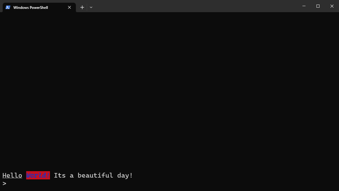 Image of "Hello world! It’s a beautiful day!" being rendered in Snap Console with a combination of color styles