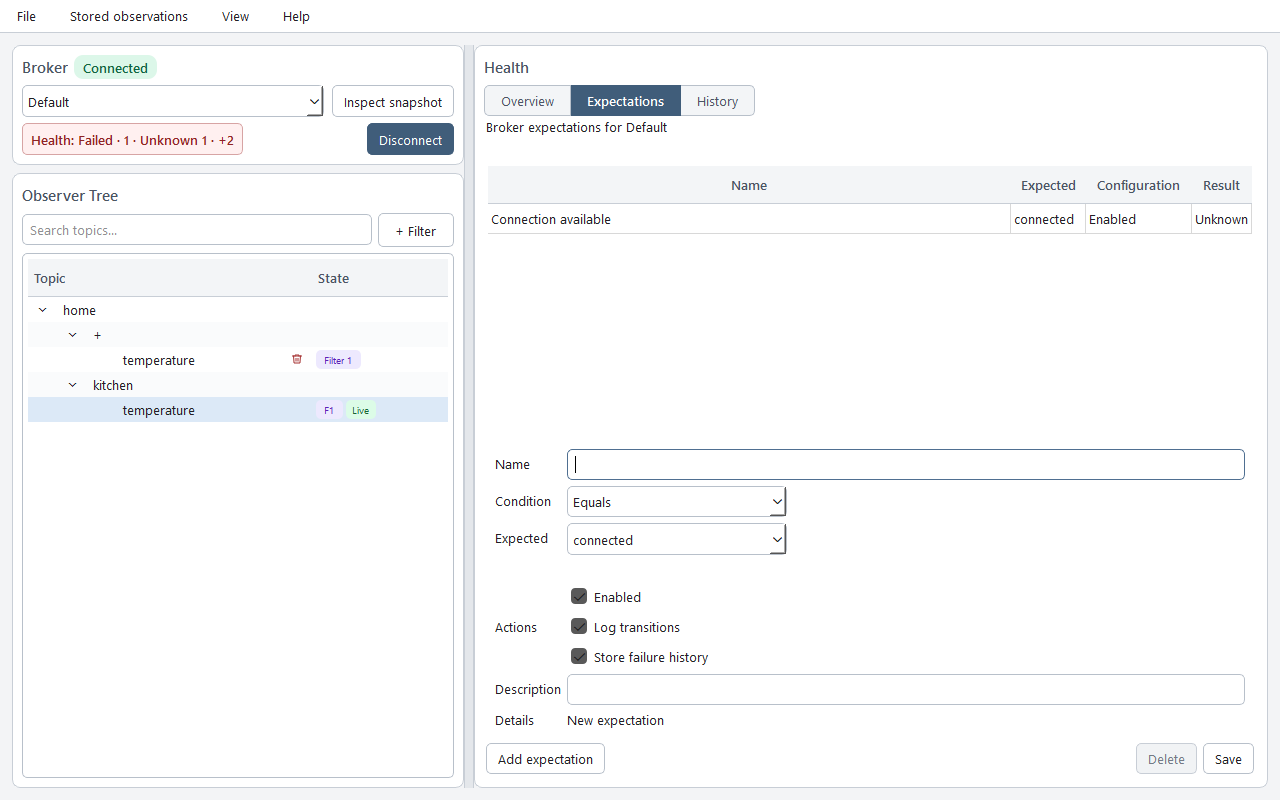 Broker expectation editor with a connection-status condition, enabled setting, and failure-history actions.