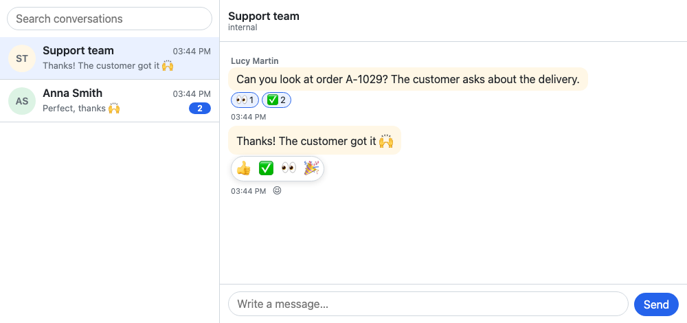 Reactions to a message of the team, and the picker open on another