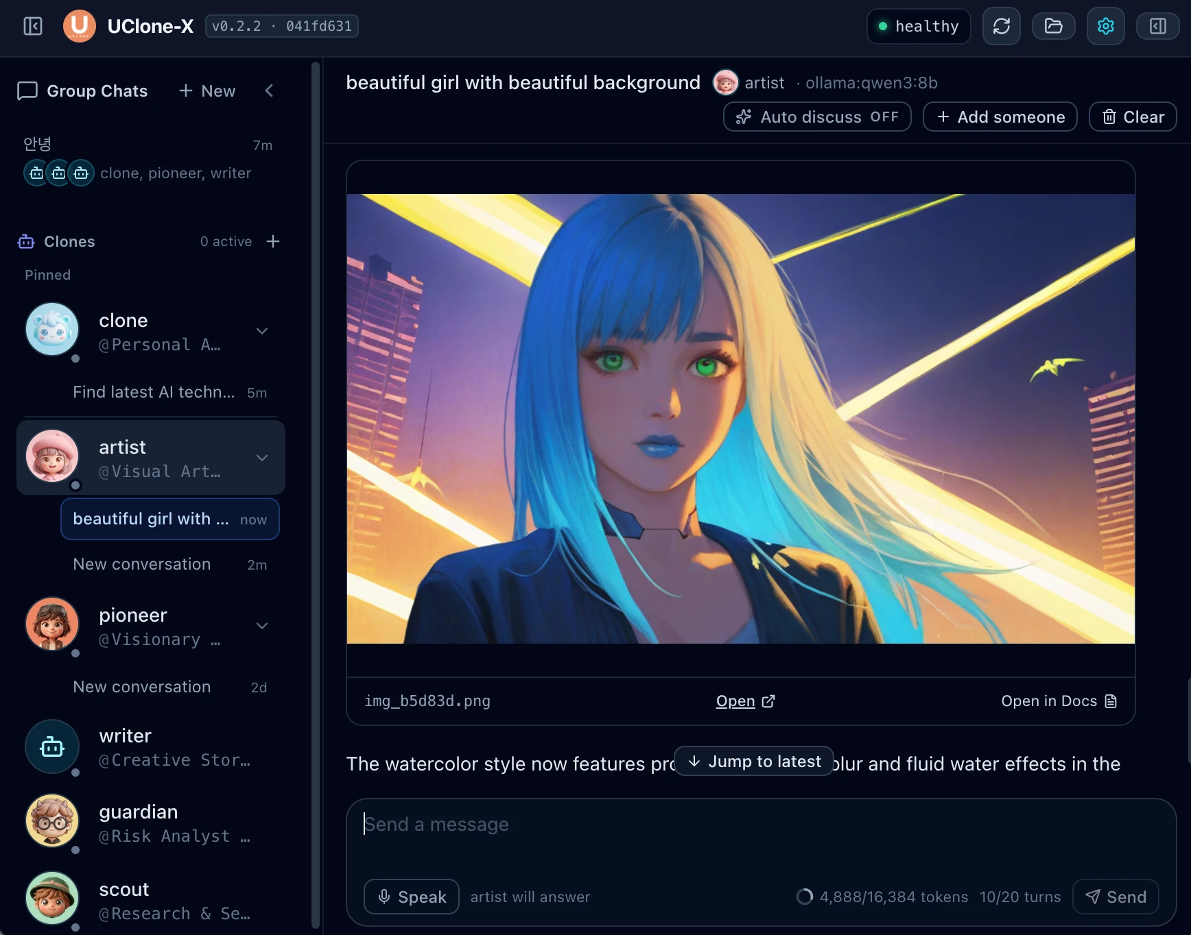 The artist clone showing a generated image for "beautiful girl with beautiful background"