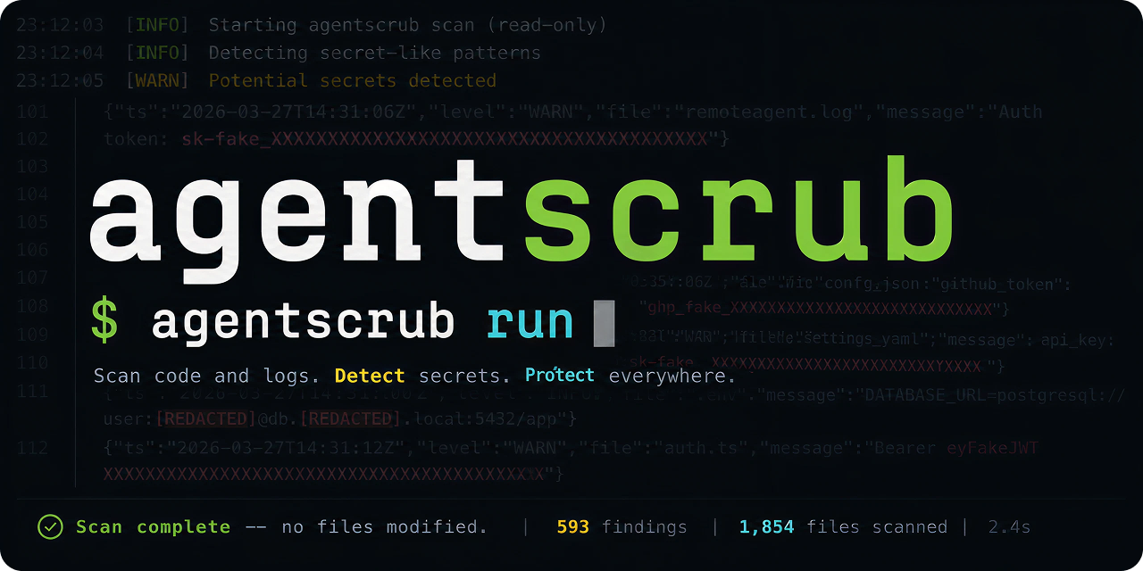 agentscrub scans local AI agent logs for leaked secrets