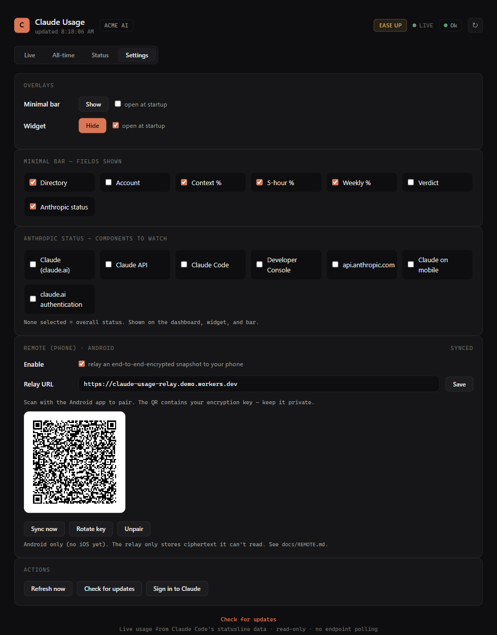 Dashboard — Settings tab