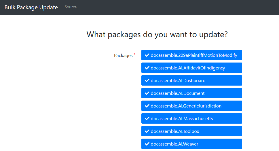 A screenshot that says "What packages do you want to update? docassemble.209aPlaintiffMotionToModify, docassemble.ALAffidavitOfIndigency" and more