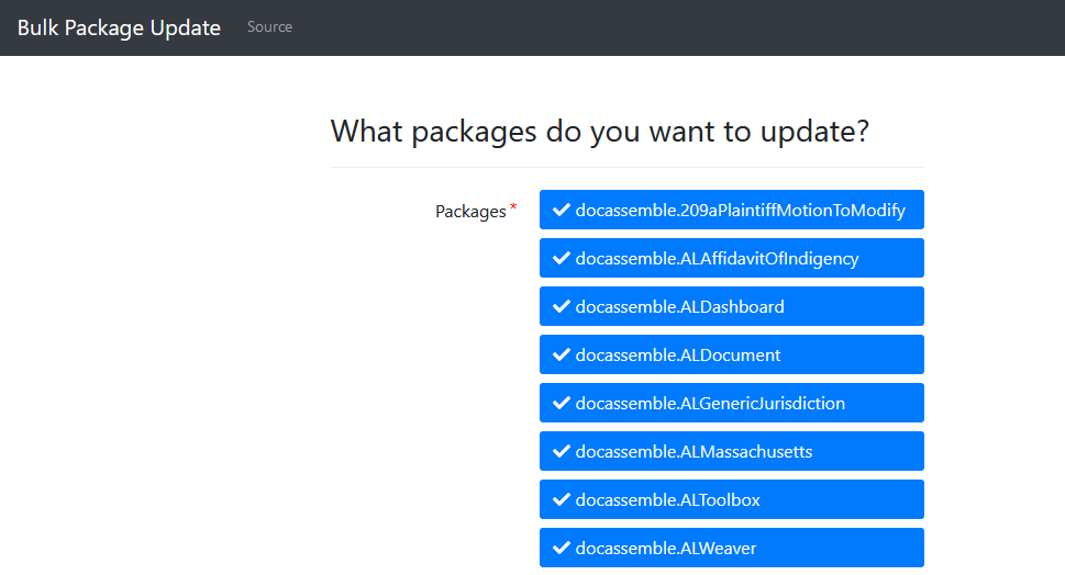 A screenshot that says "What packages do you want to update?" followed by a list of packages. For example, "docassemble.209aPlaintiffMotionToModify", "docassemble.ALAffidavitOfIndigency", and more.