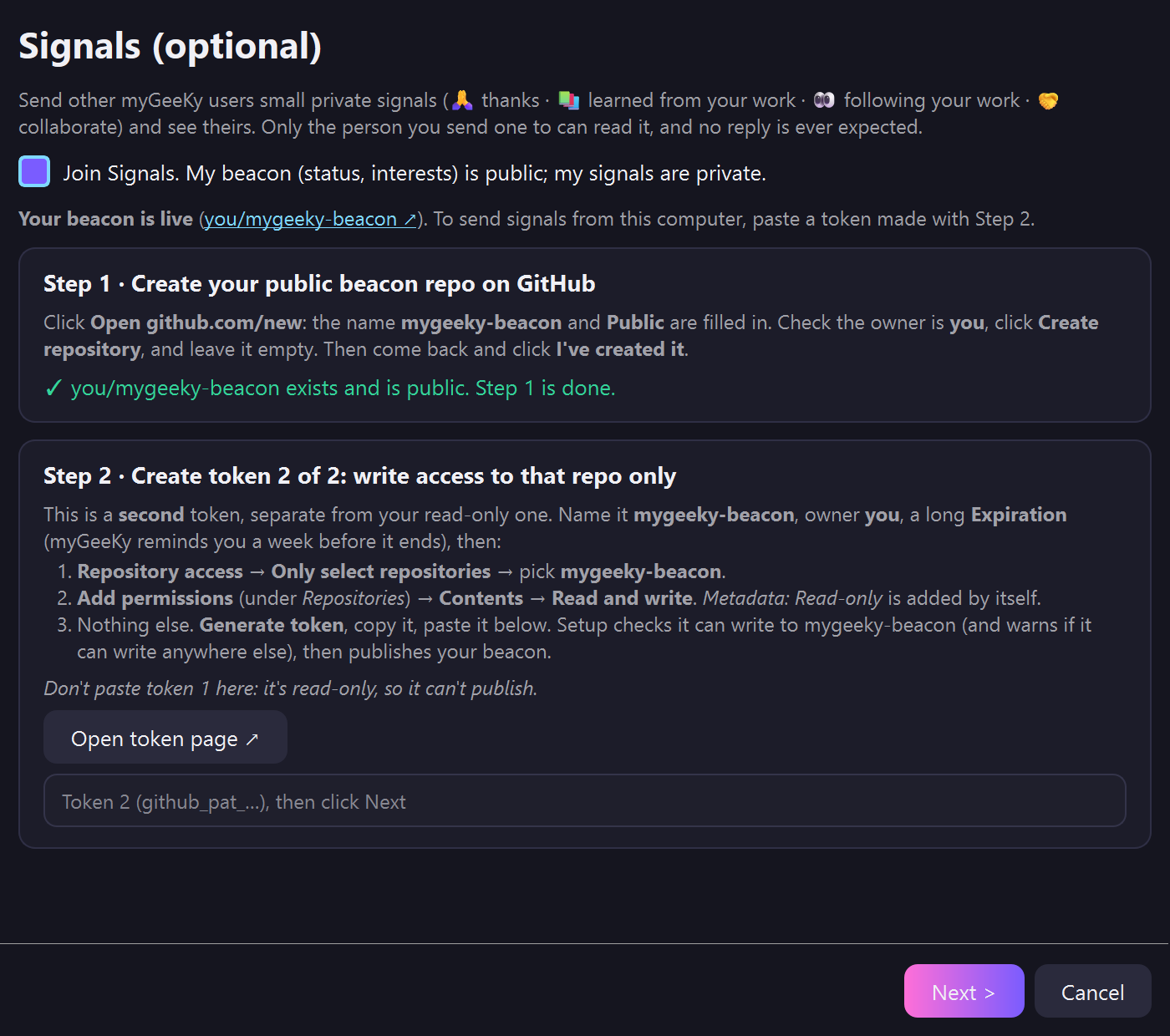 Setup wizard: step-by-step Signals token instructions