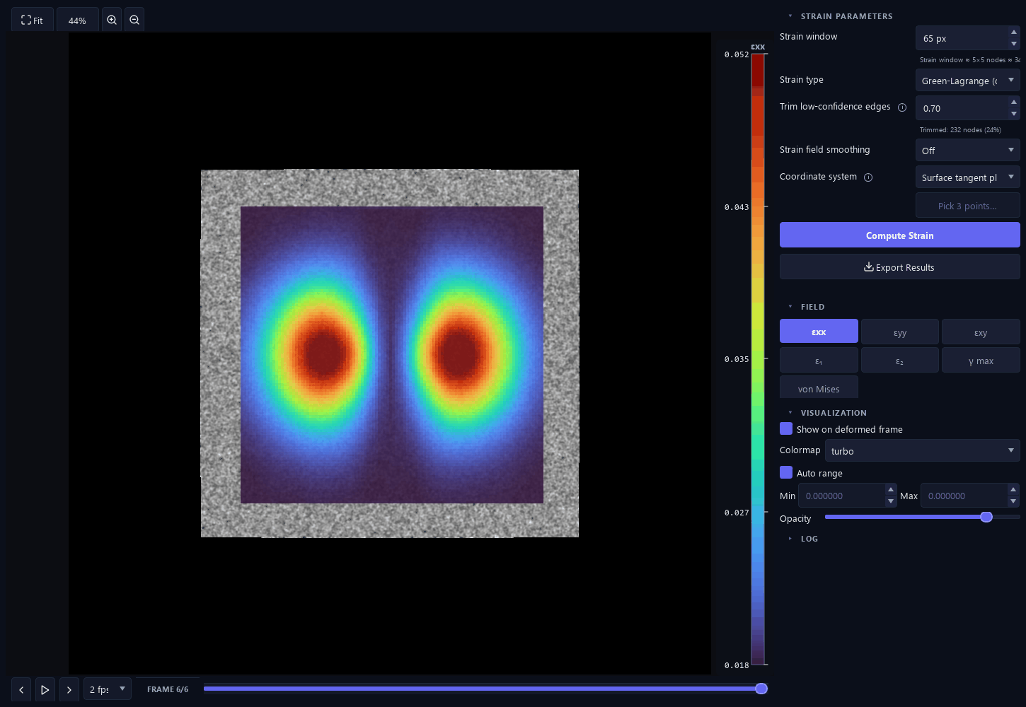 Surface strain window — colormapped strain field with colorbar, coordinate-system and strain-type selectors, and frame navigation