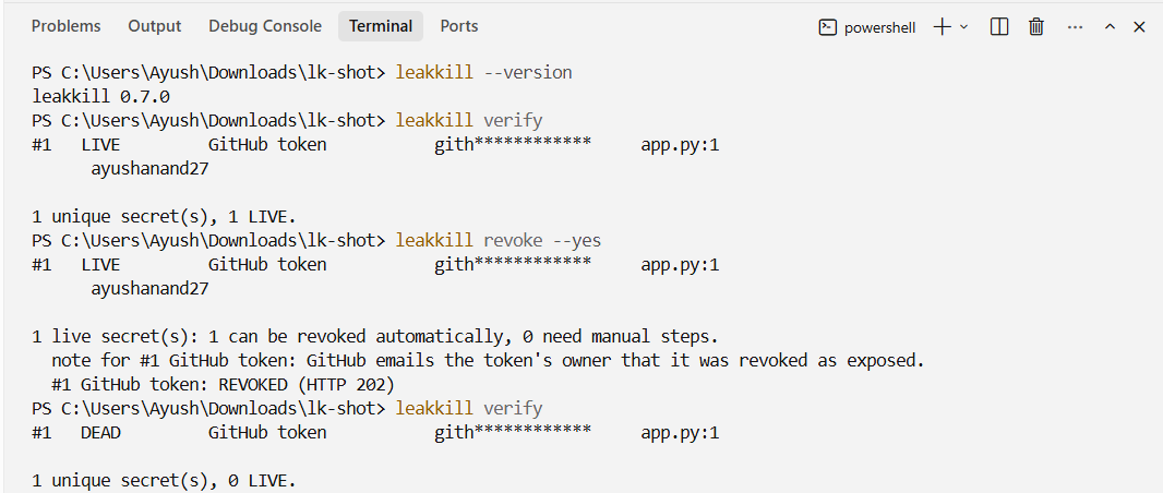 A real terminal: leakkill finds a live GitHub token, revokes it, and confirms it is dead