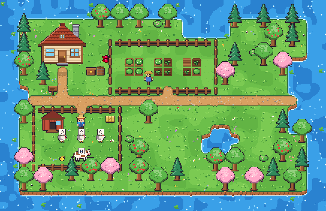 A generated island farm: farmhouse, fenced crop field, animal pen with a coop, pond and woods