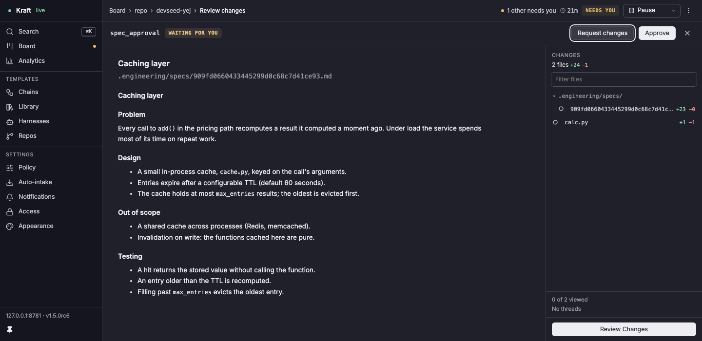 A spec an agent wrote, rendered on the item's review page and waiting for your approval, with Request changes and Approve