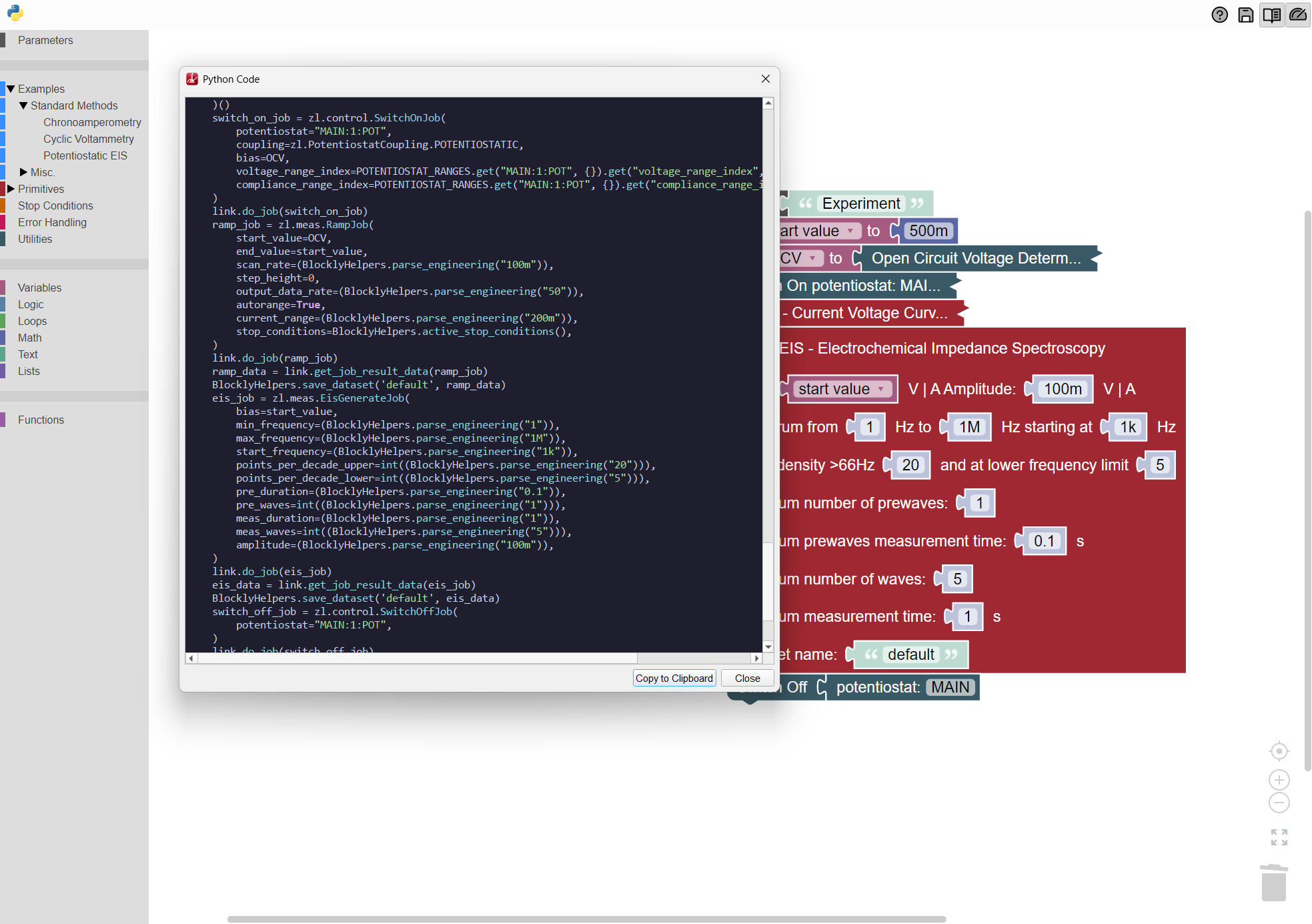 The Zahner Lab Custom Experiment Builder with a "Python Code" dialog generated from the visual block structure, showing the equivalent Python script that switches on the potentiostat, runs a ramp and an EIS measurement with the zahner_link library, and switches off, alongside the corresponding EIS block on the right.