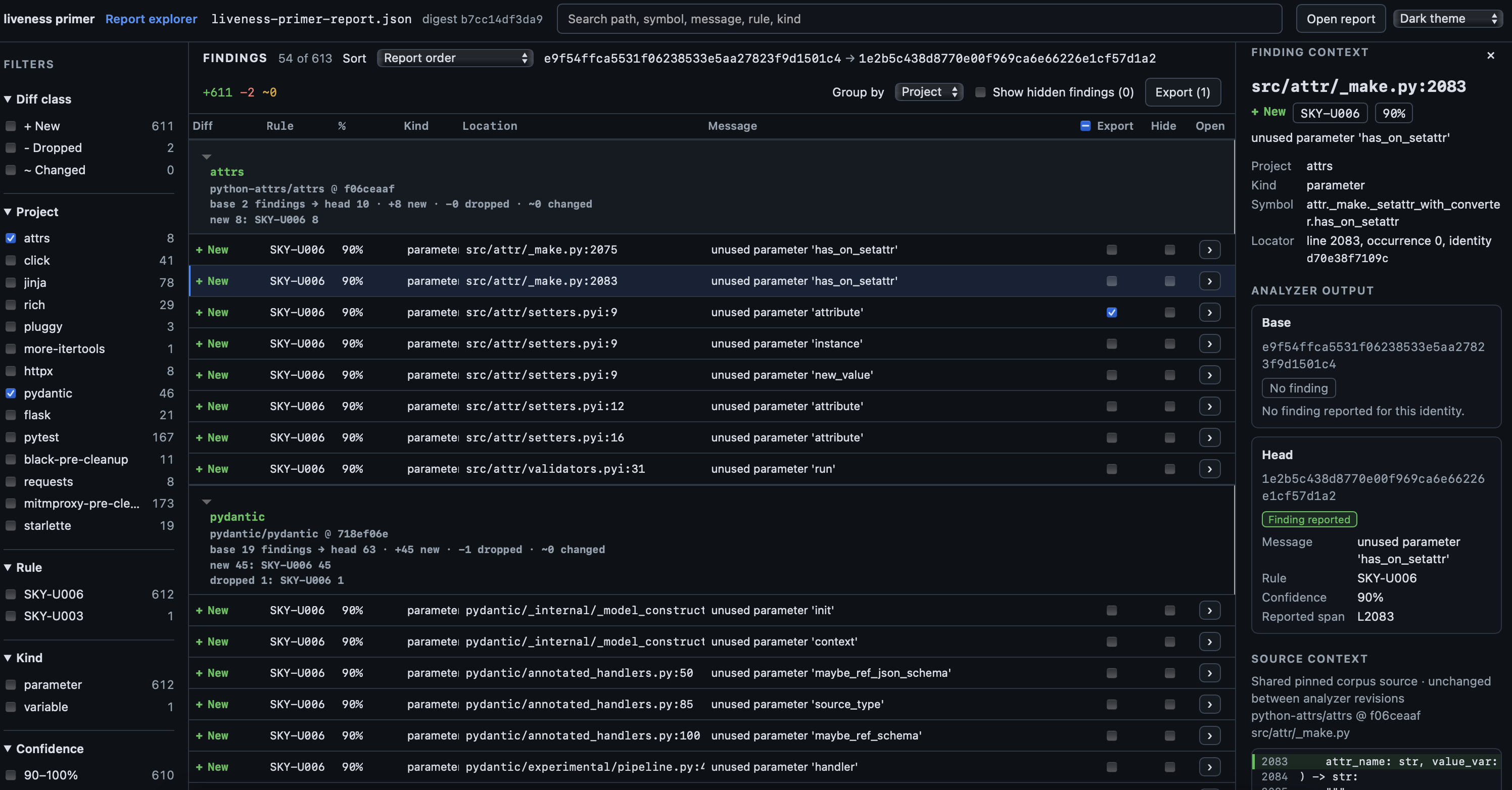 Static report explorer showing filters, finding diffs, source context, and export controls