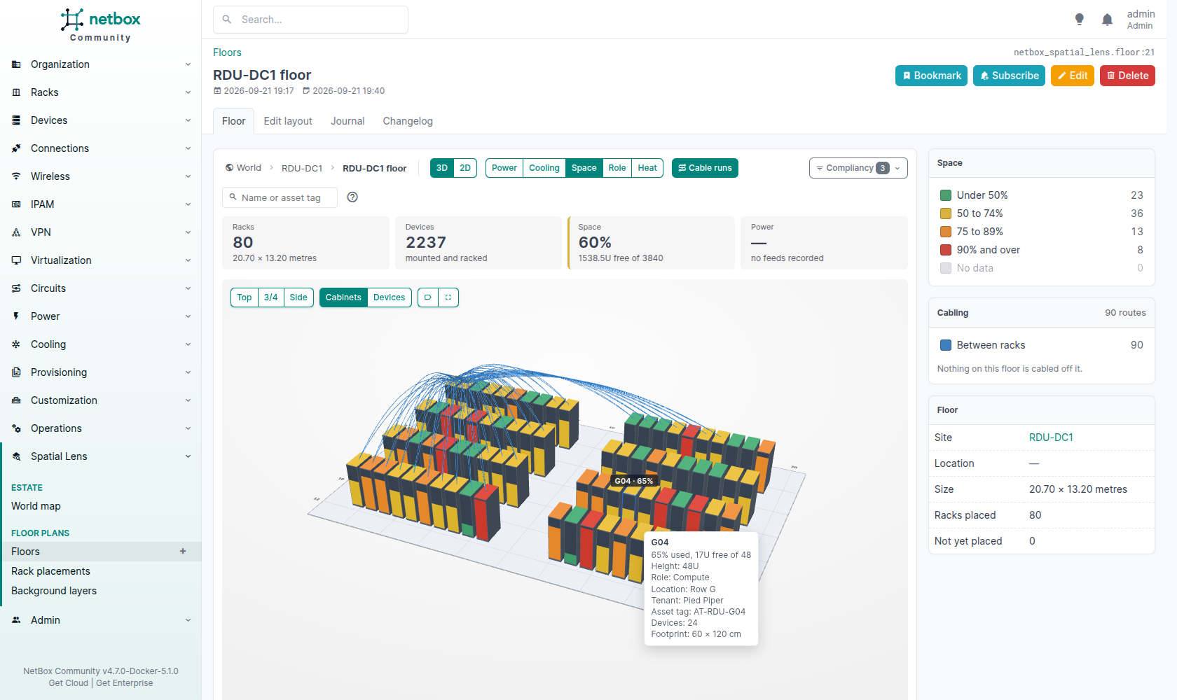 A 20.7 by 13.2 metre data hall of 80 cabinets in eight rows of ten, two blocks of four rows either side of a central aisle, their roofs and doors coloured by how full they are, the leaf to spine uplinks arcing from every rack to the two spines in row A, and the hover card of rack G04