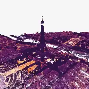 A slow turn around the Eiffel Tower as an airborne LiDAR survey, colored by embedding