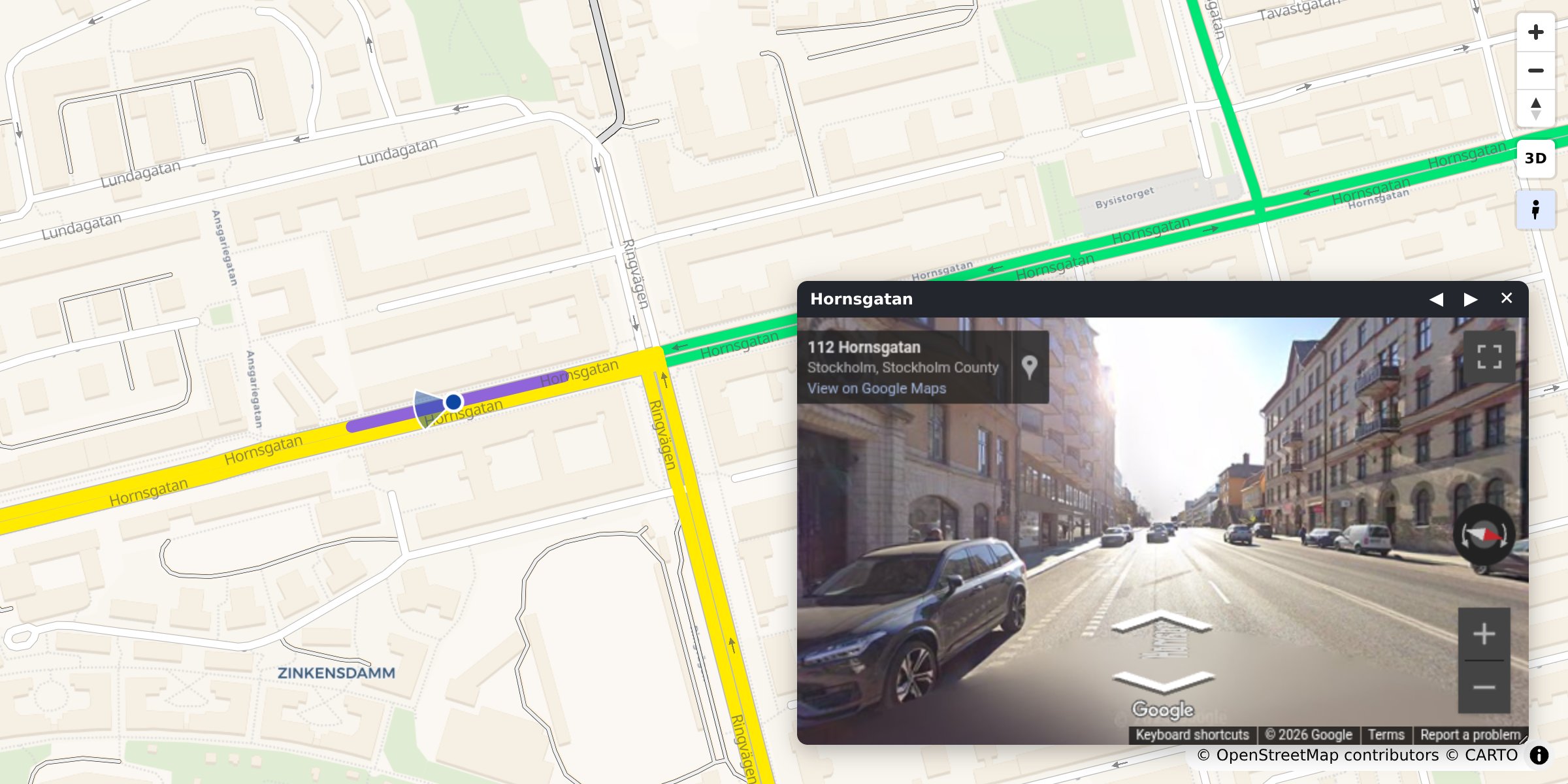 A roadstyle map of Södermalm, Stockholm: Hornsgatan selected on the map, and the floating Street View window showing it