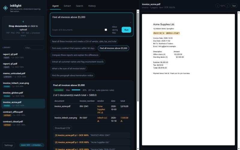The Inklight workspace: an evidence-backed answer with the source line highlighted on the page