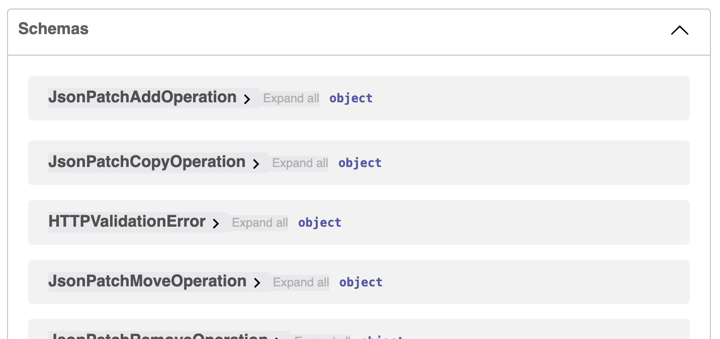 Screenshot of Swagger UI schema list