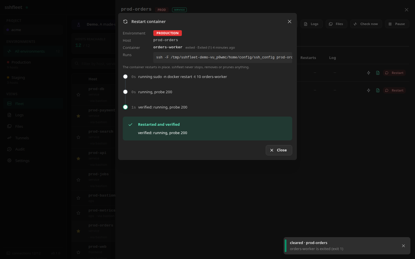 A restart on production: the name typed back, the command shown, then verified running with the health endpoint answering