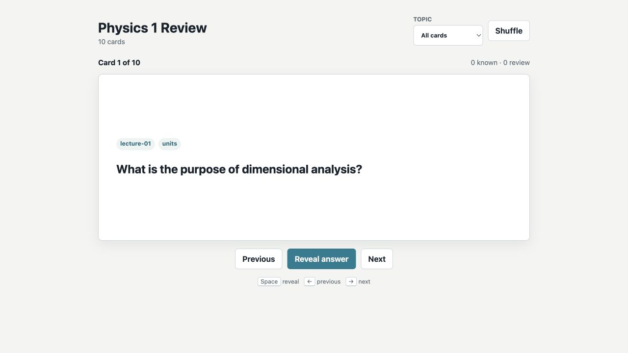 ClassCorpus interactive flashcard showing a physics question