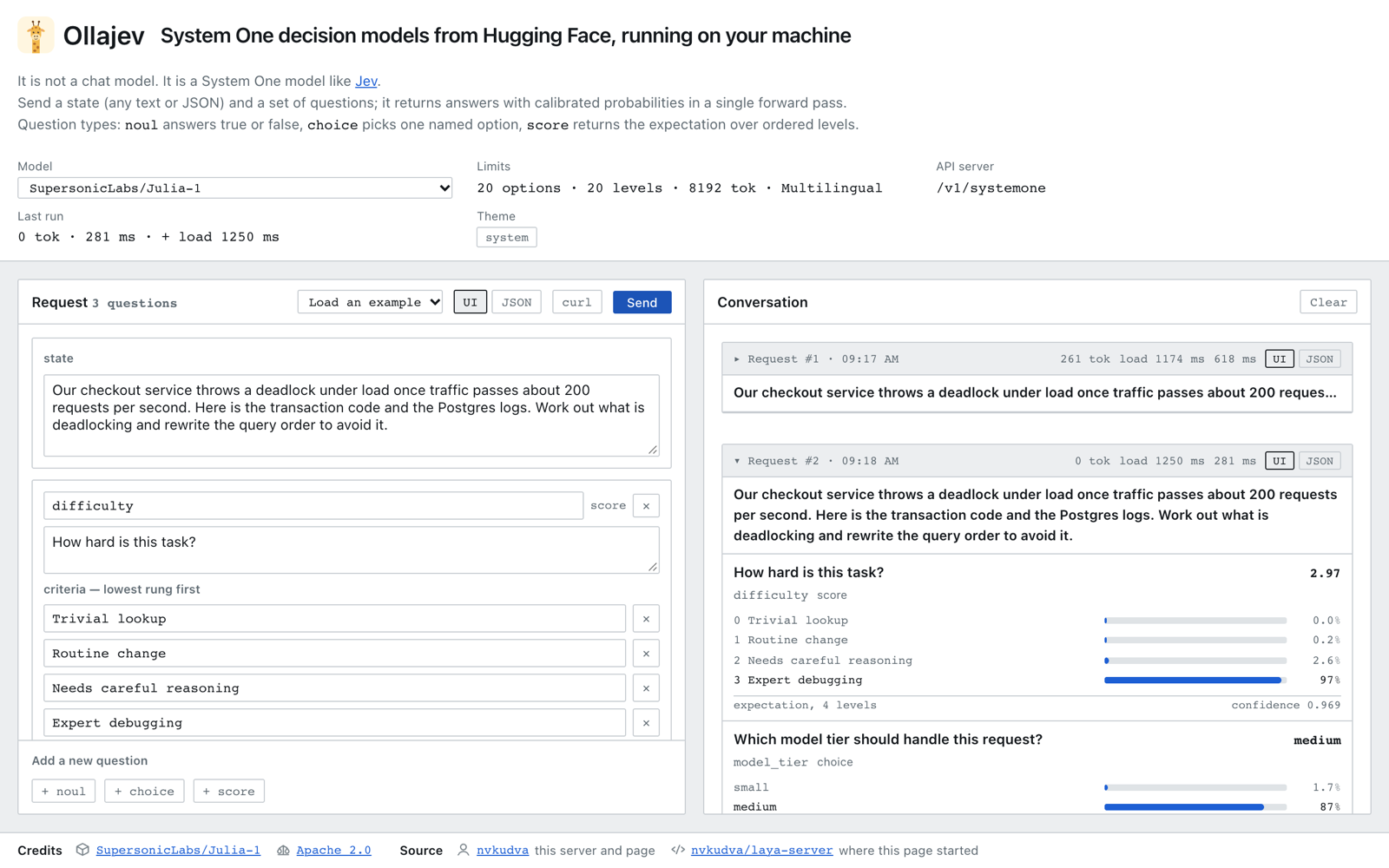 The Ollajev playground: a model picker, a request editor with a state and typed questions, and a log of answers with probability bars