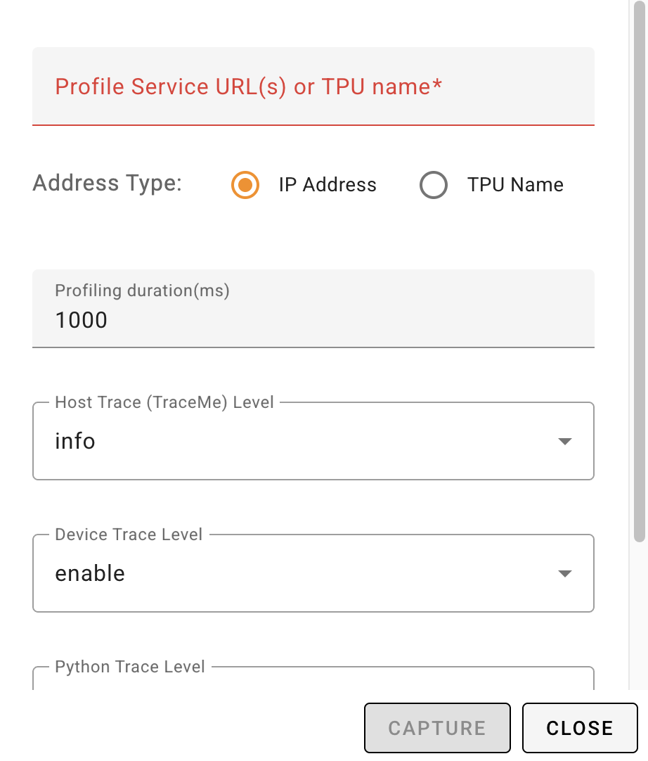 Incomplete form for TensorBoard UI profile capture