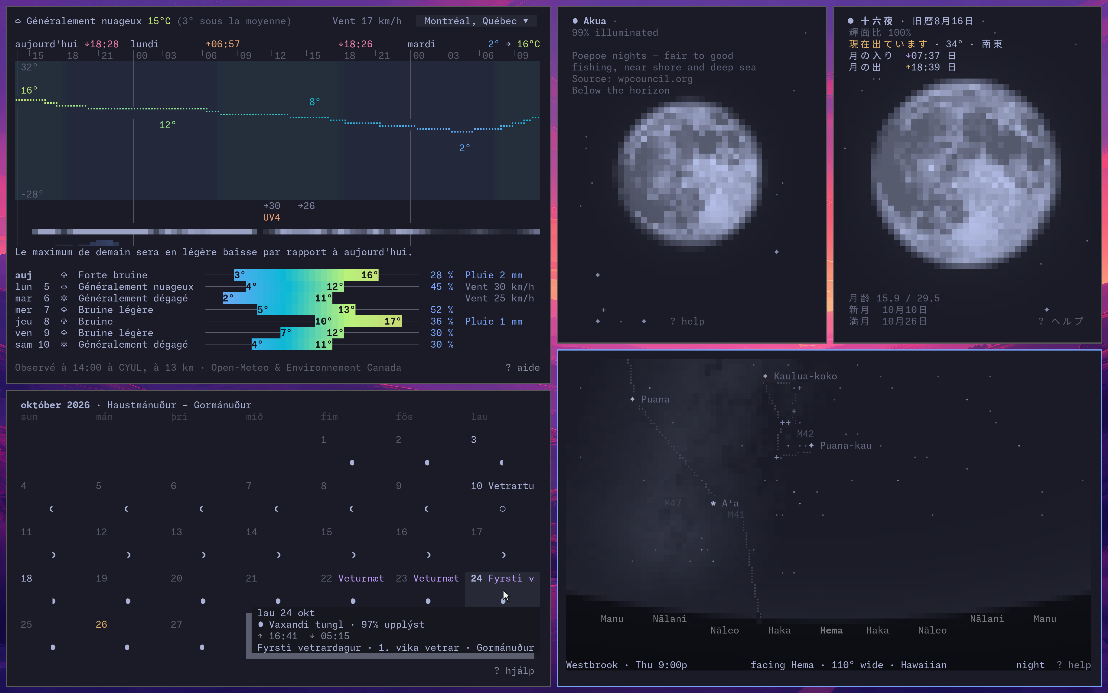 a second desktop: the weather in Montréal in Canadian French, October 2026 in Icelandic with the pointer on Fyrsti vetrardagur, the Moon over Hilo on the night of Akua, the Moon over Okinawa on 十六夜, and the sky facing south with the Hawaiian star compass along the horizon