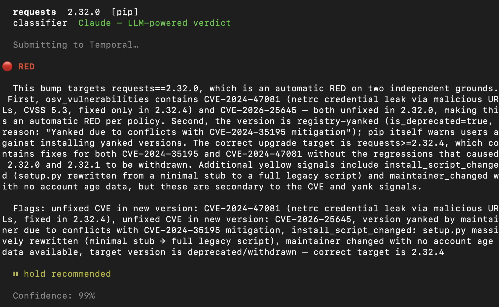Running against requests 2.32.0 [pip] returns RED result due to pulled release