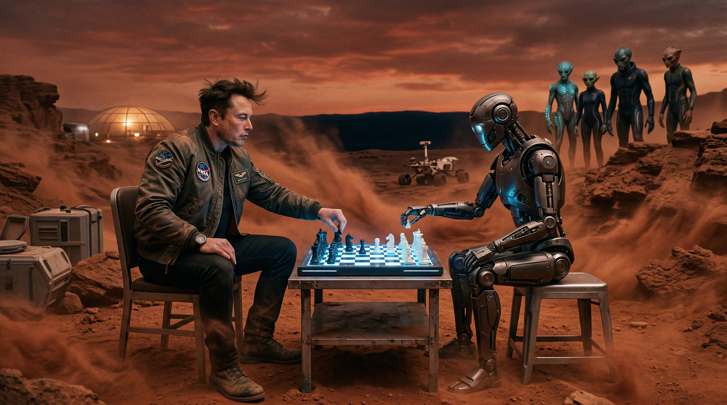 Elon playing chess with robot on Mars