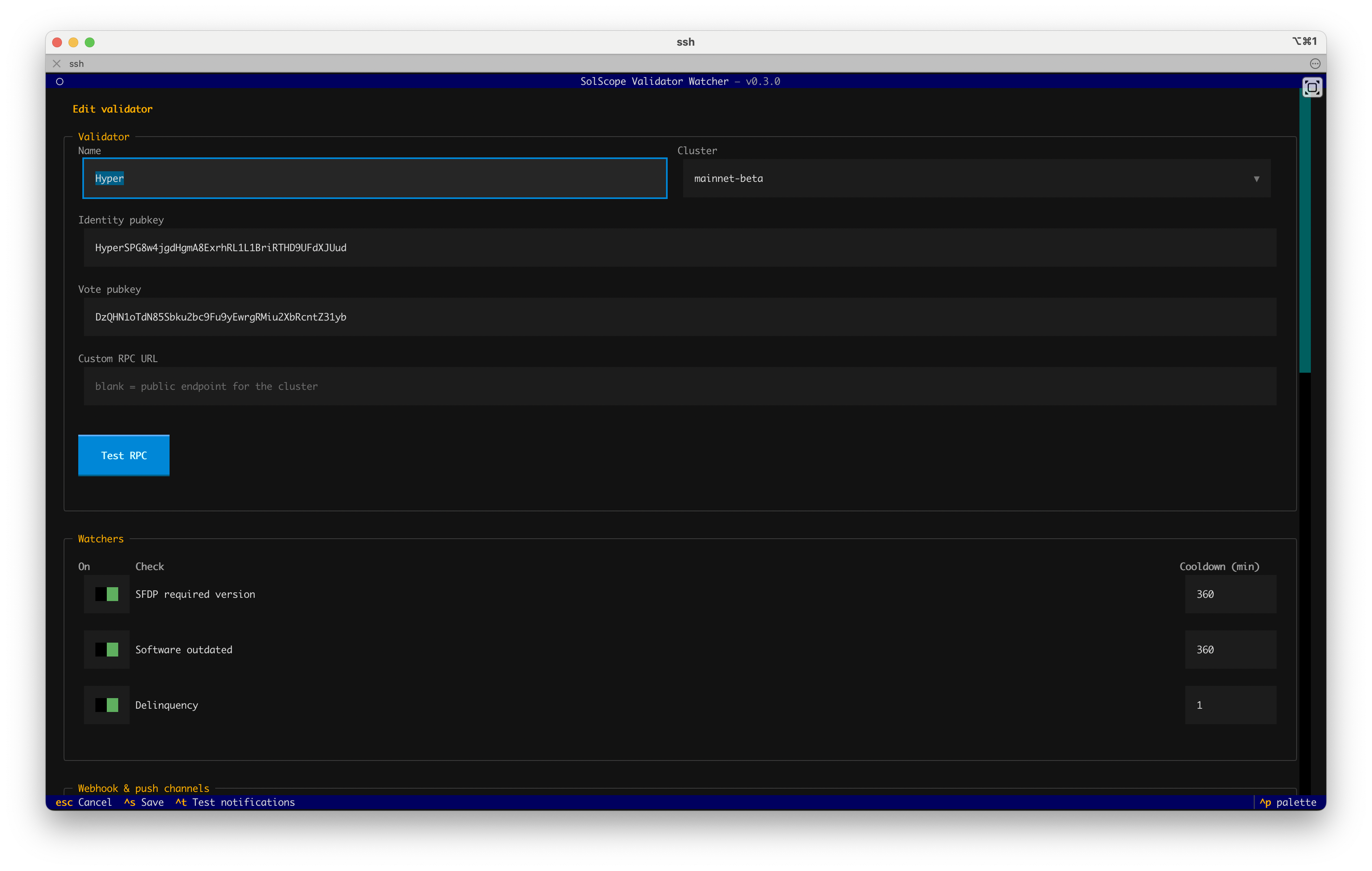 Validator editor: grouped settings cards for identity, watchers, and channels