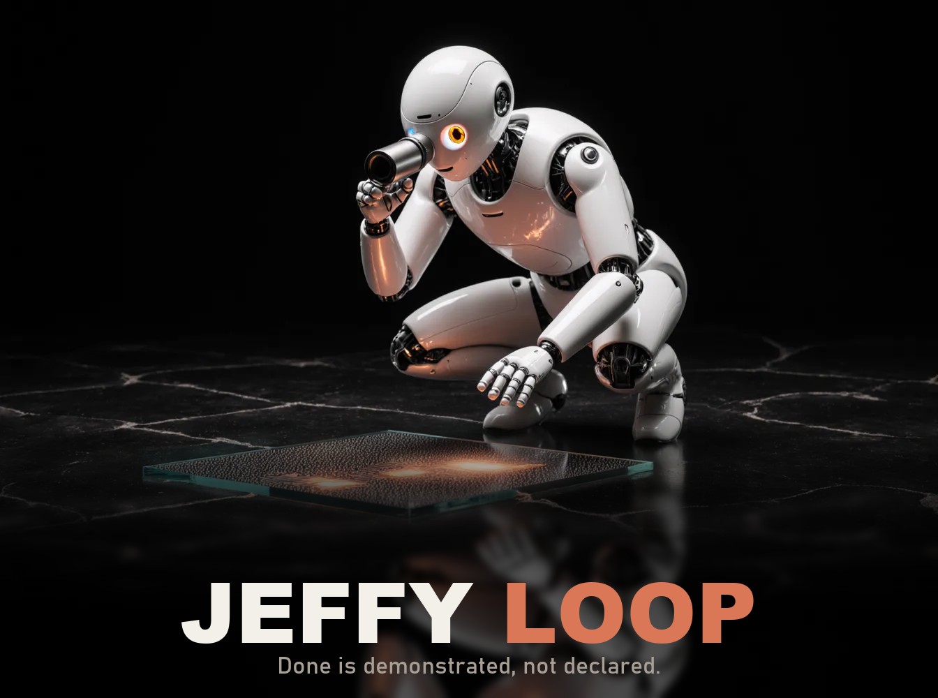 Jeffy Loop. A white robot crouched over a glass slab of circuitry, holding a loupe to the crack it found. Done is demonstrated, not declared.