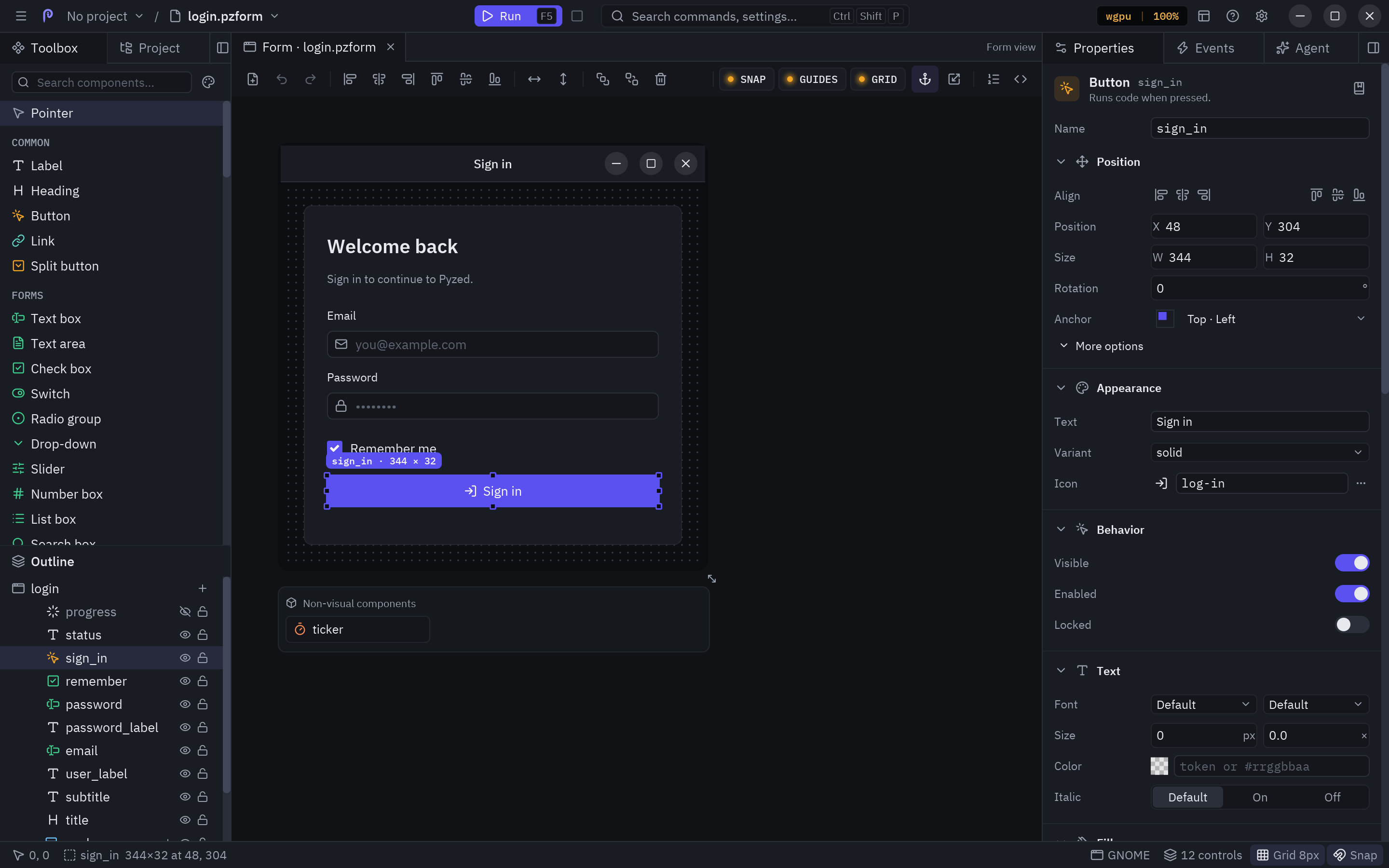 Pyzed Design with a sign-in form open