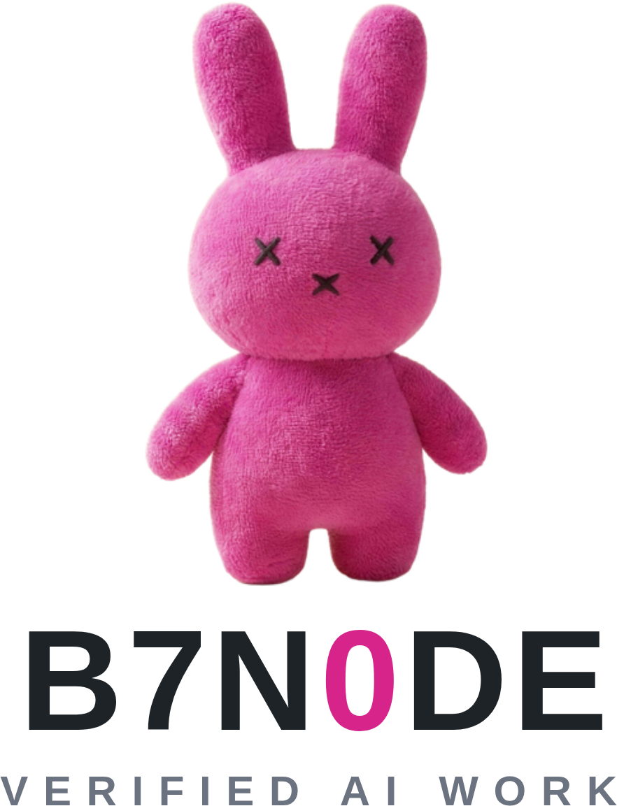 b7n0de, Verified AI Work, pink rabbit mascot over the B7N0DE wordmark
