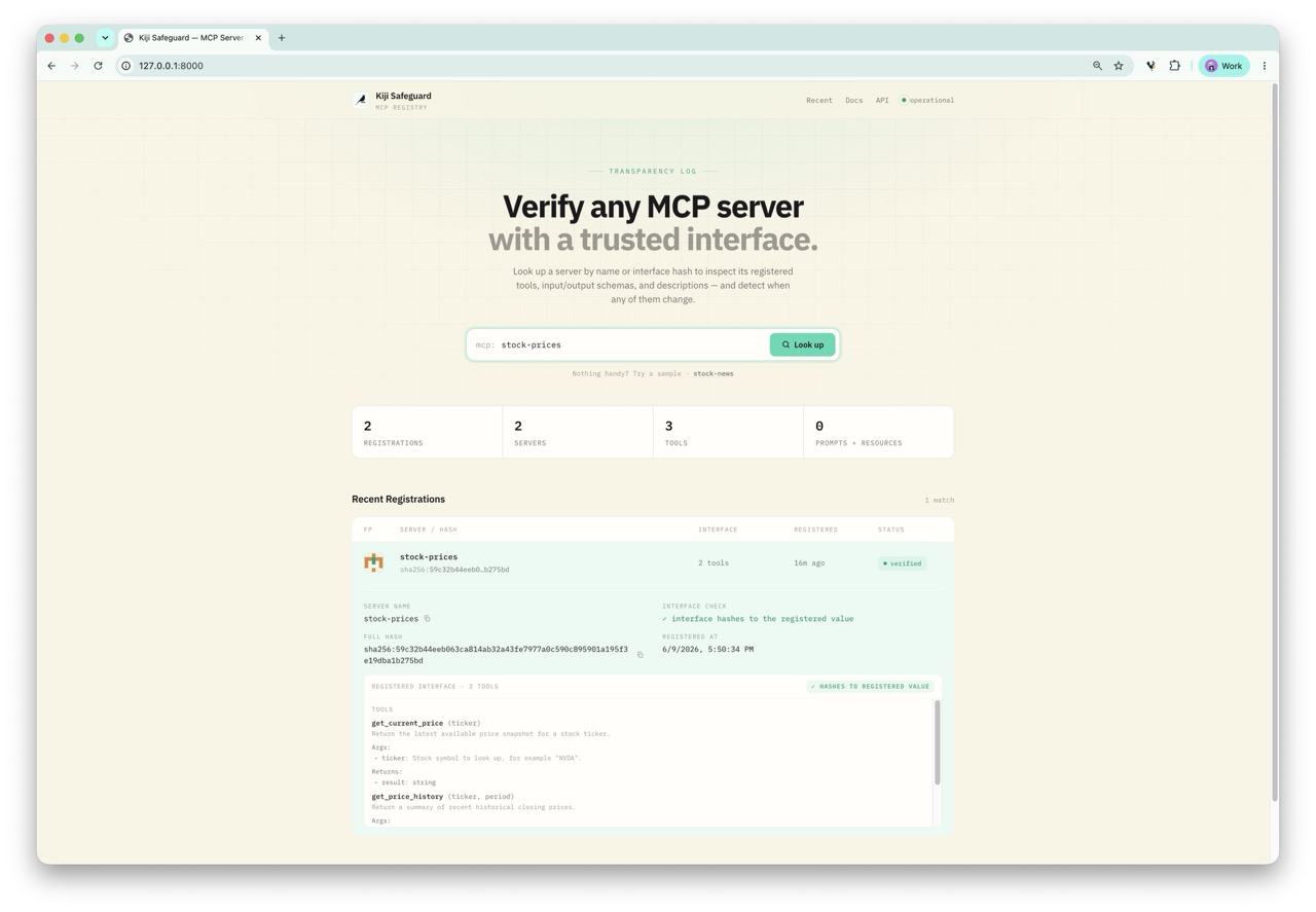 Kiji Safeguard registry web UI — the transparency log for MCP servers