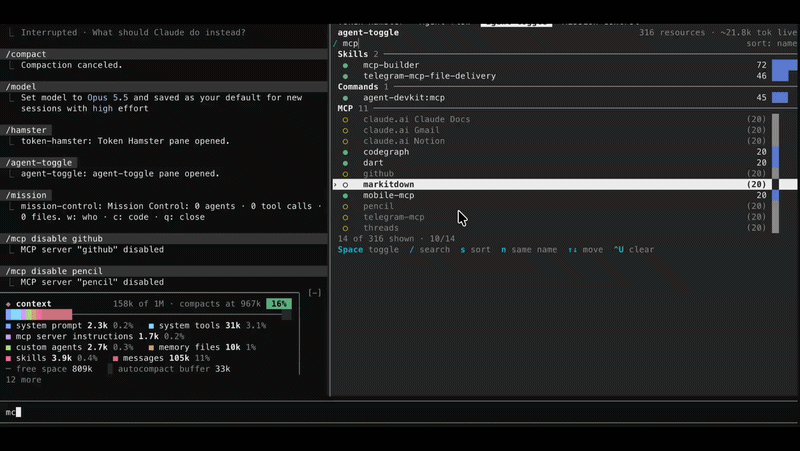/agent-toggle: searching and toggling resources in the Claude Code pane