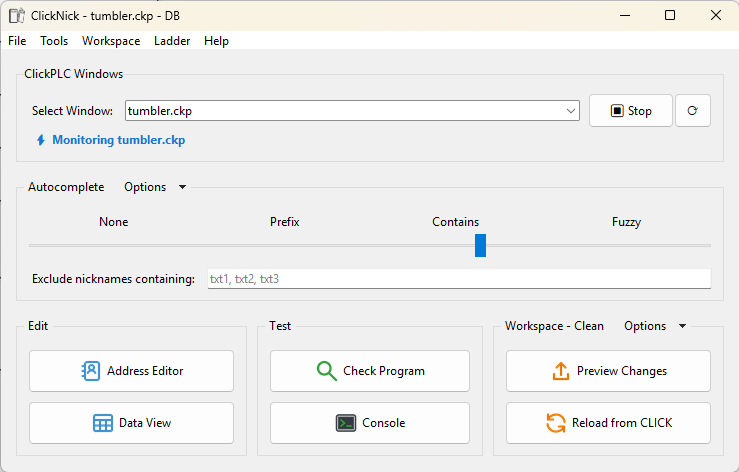 ClickNick main window connected to a CLICK project