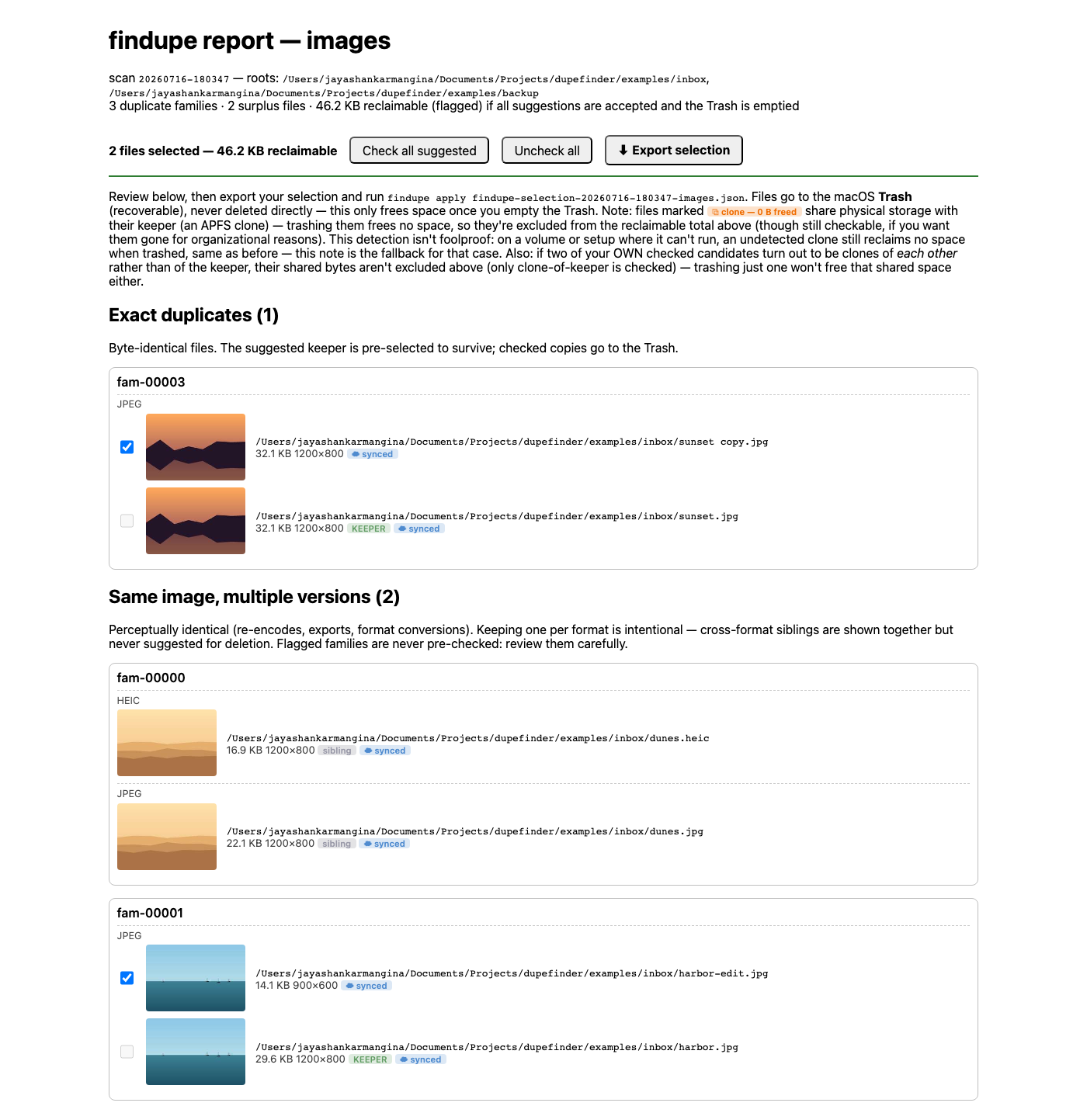 findupe's HTML report showing exact, strong-visual, and cross-format duplicate groups with thumbnails