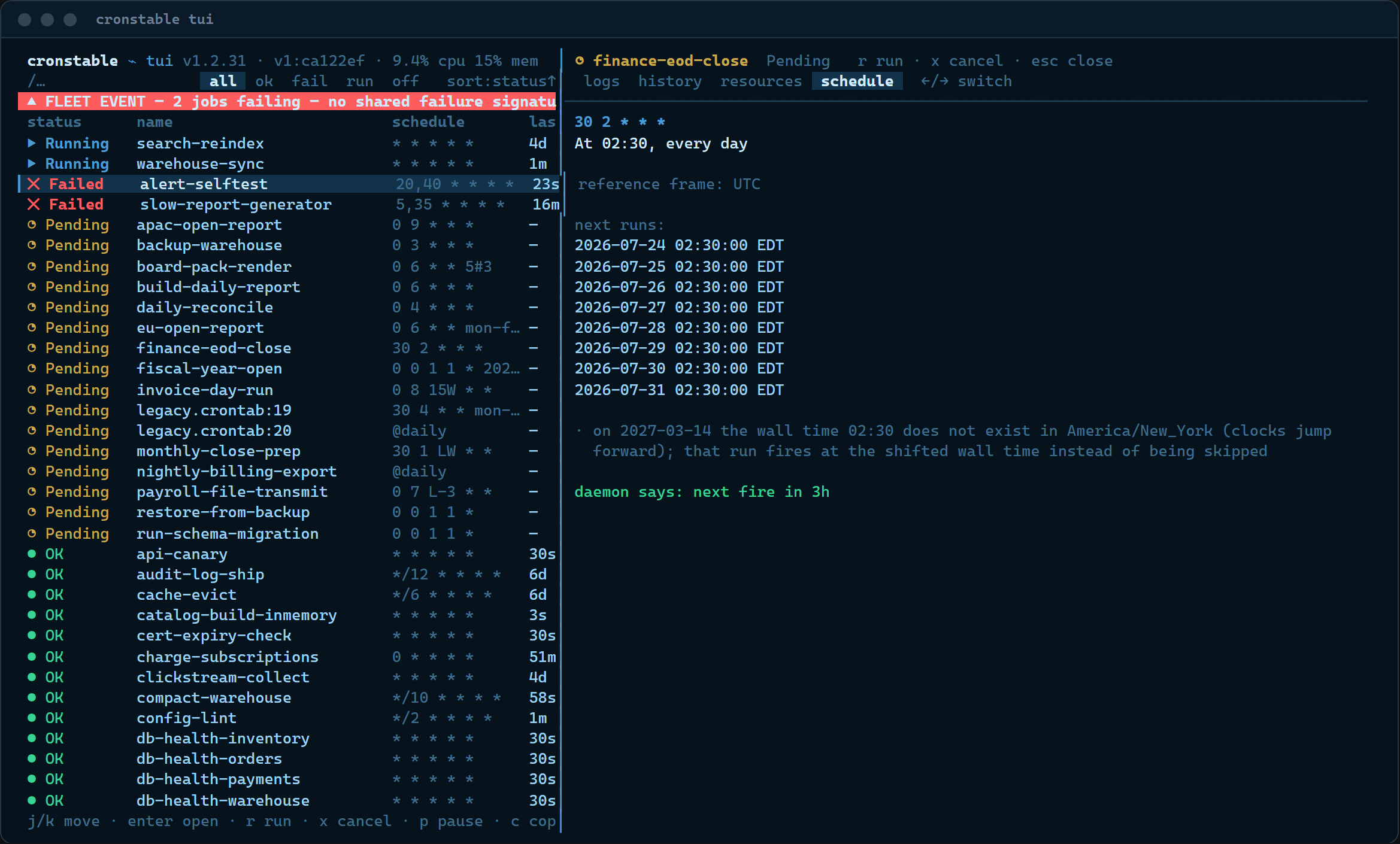 The Schedule tab: the cron expression in plain English with the exact next fire instants from the daemon's own engine