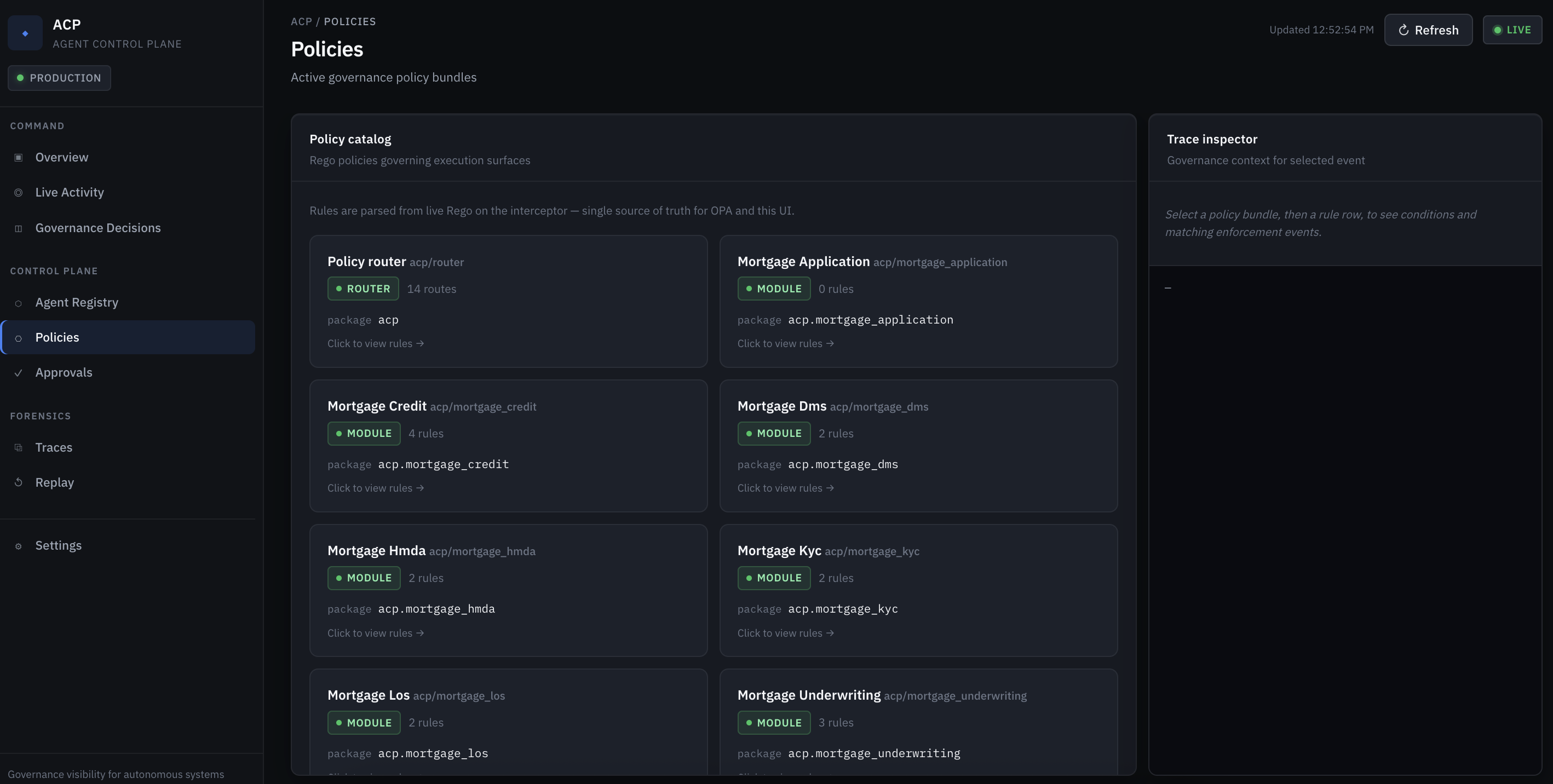 Policies — Rego catalog from the interceptor