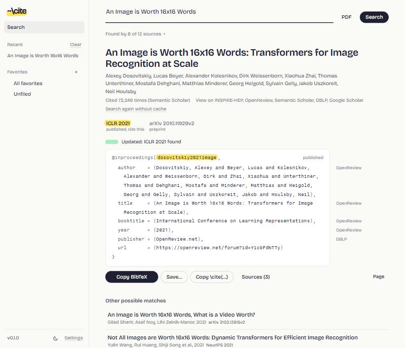 The web interface showing the ICLR 2021 BibTeX of the ViT paper, with the source of each field in the margin