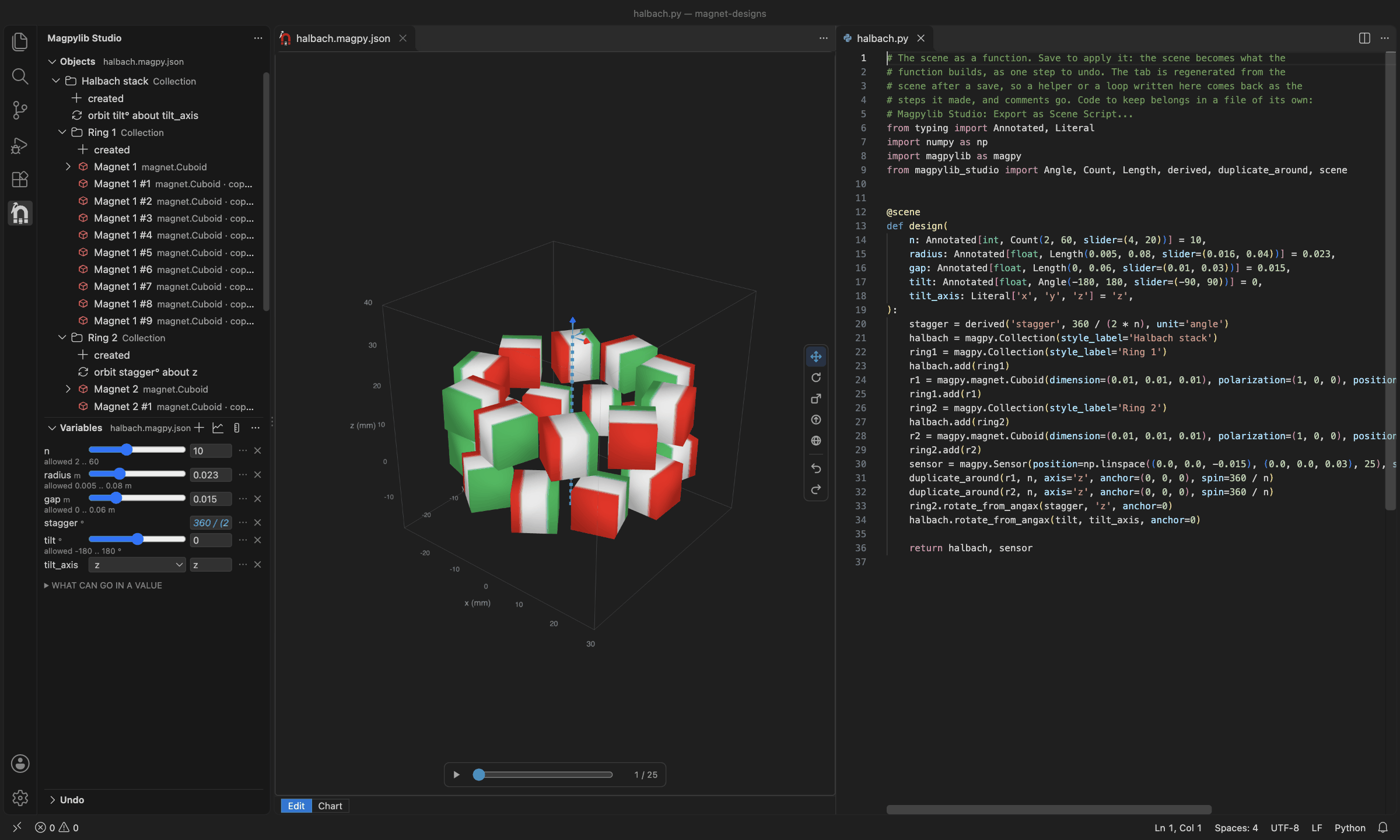 The Halbach example in VS Code: the objects and the steps that built them, the variables with their sliders, the 3D view and the script tab.