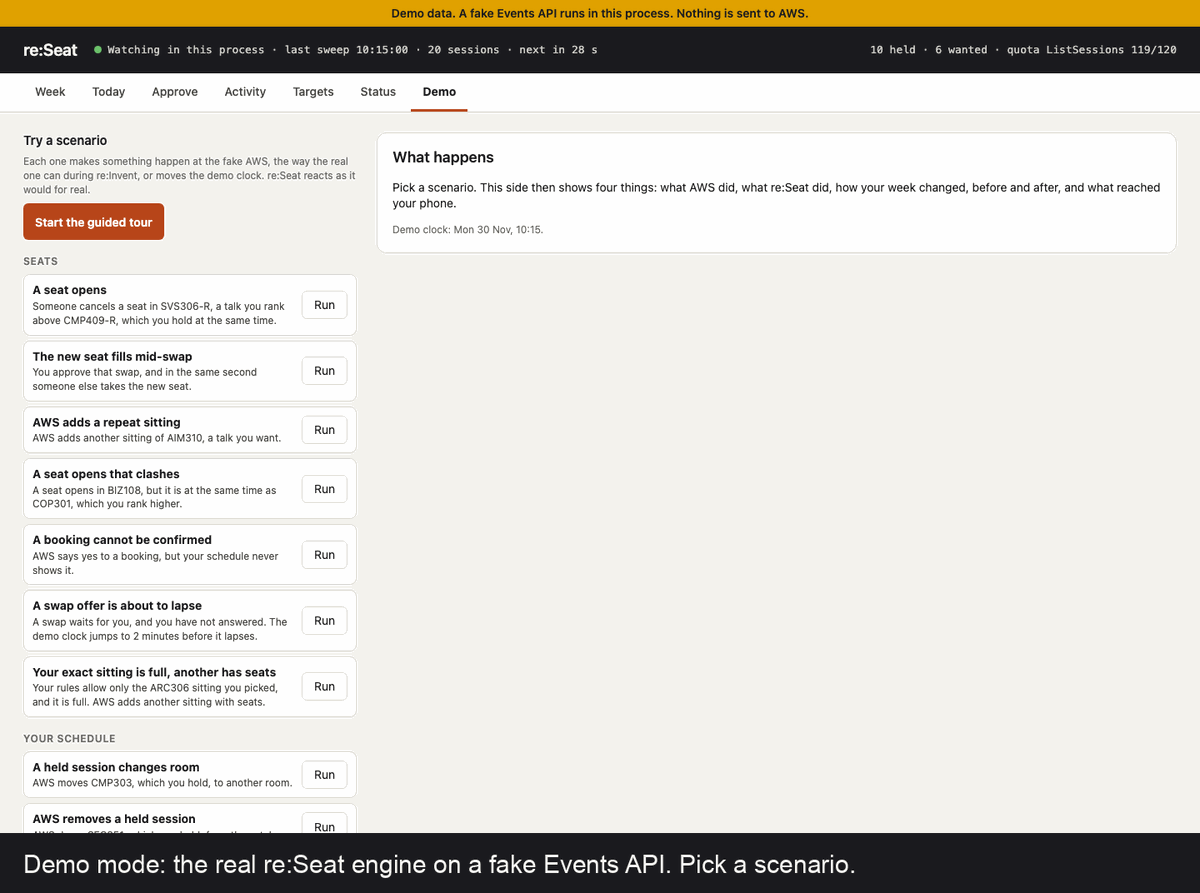 re:Seat demo mode: a seat opens and a swap waits for approval, a new sitting is booked, a room moves, the swap is verified
