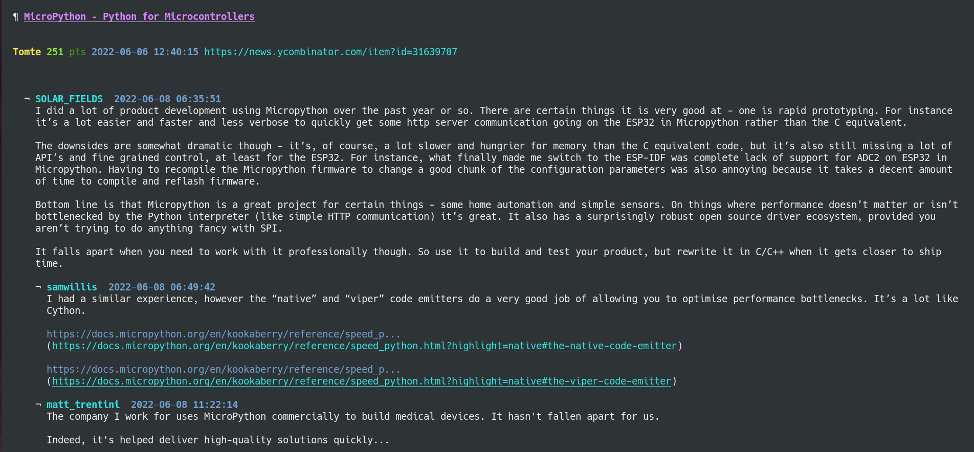 A Hacker News thread rendered in the terminal