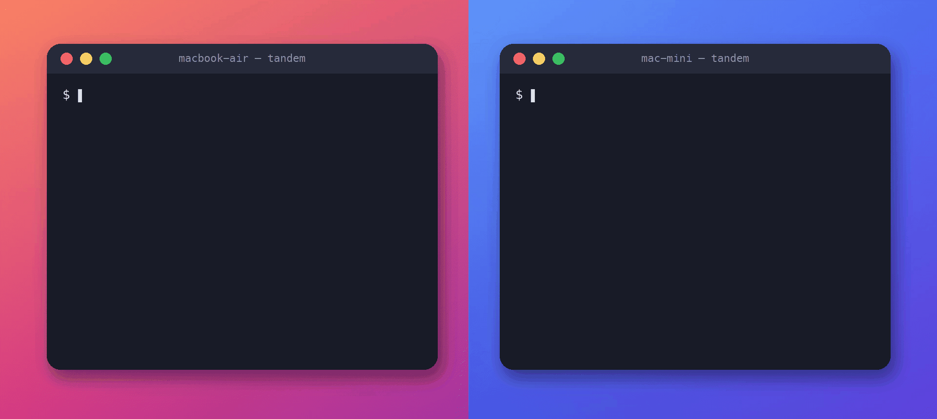 two Macs pairing in the terminal, then one cursor sliding across both