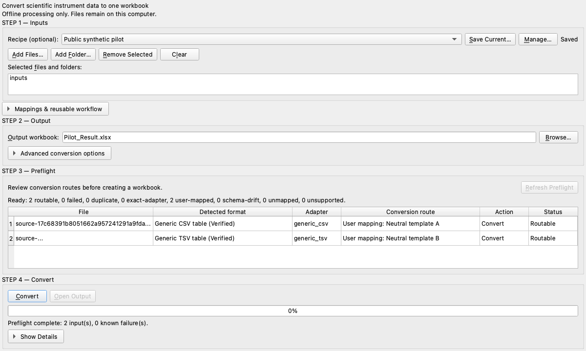 The implemented Ordifile desktop interface using synthetic public-safe inputs
