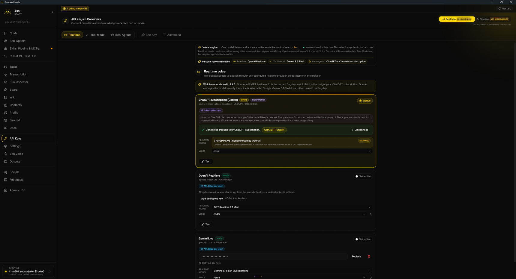 The API Keys screen in the desktop app, with one tab per model tier: Realtime, Tool Model, and Agents