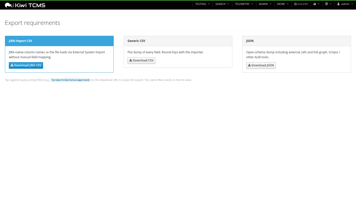 Export hub with JIRA CSV, CSV, JSON