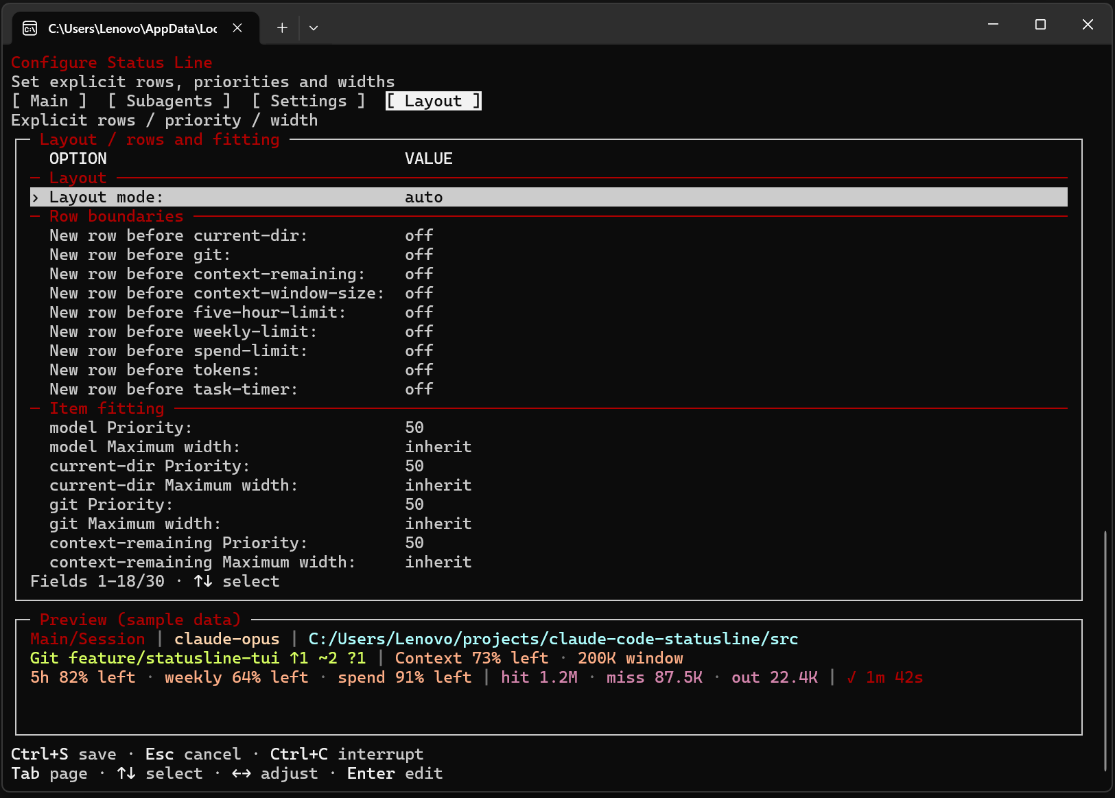 Windows external TUI Layout page with sample preview